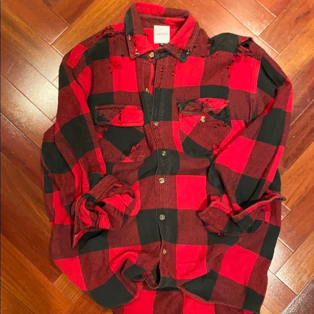 Lyz Olko men’s buffalo plaid distressed flannel